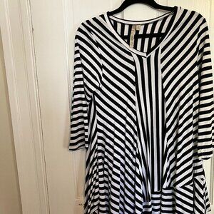 Black and White Striped Tunic with Ruffle slant-hem